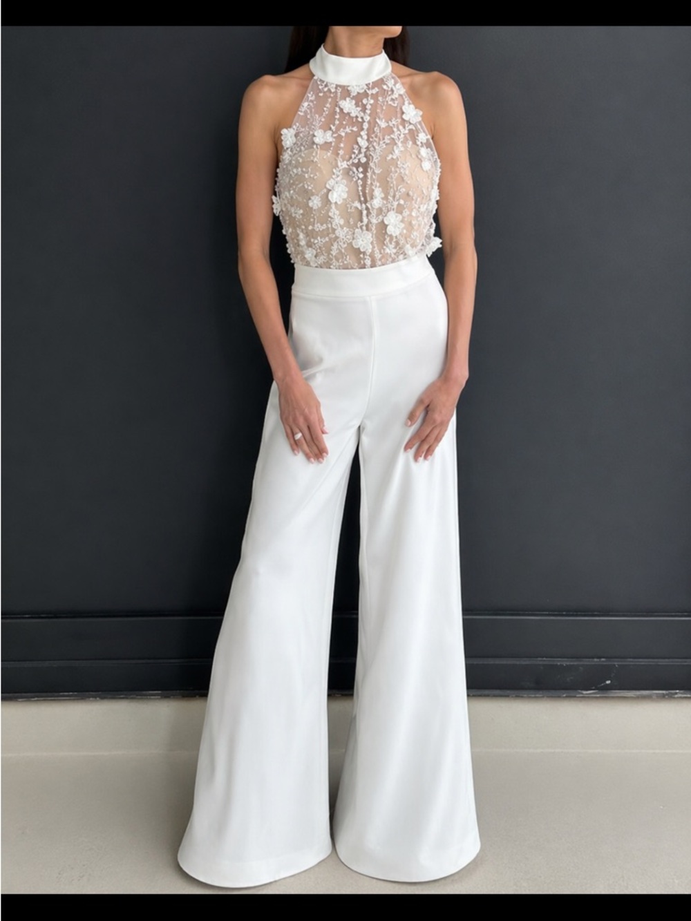 High-Waist Wide-Leg White Jumpsuit with Sheer Embroidered Bodice